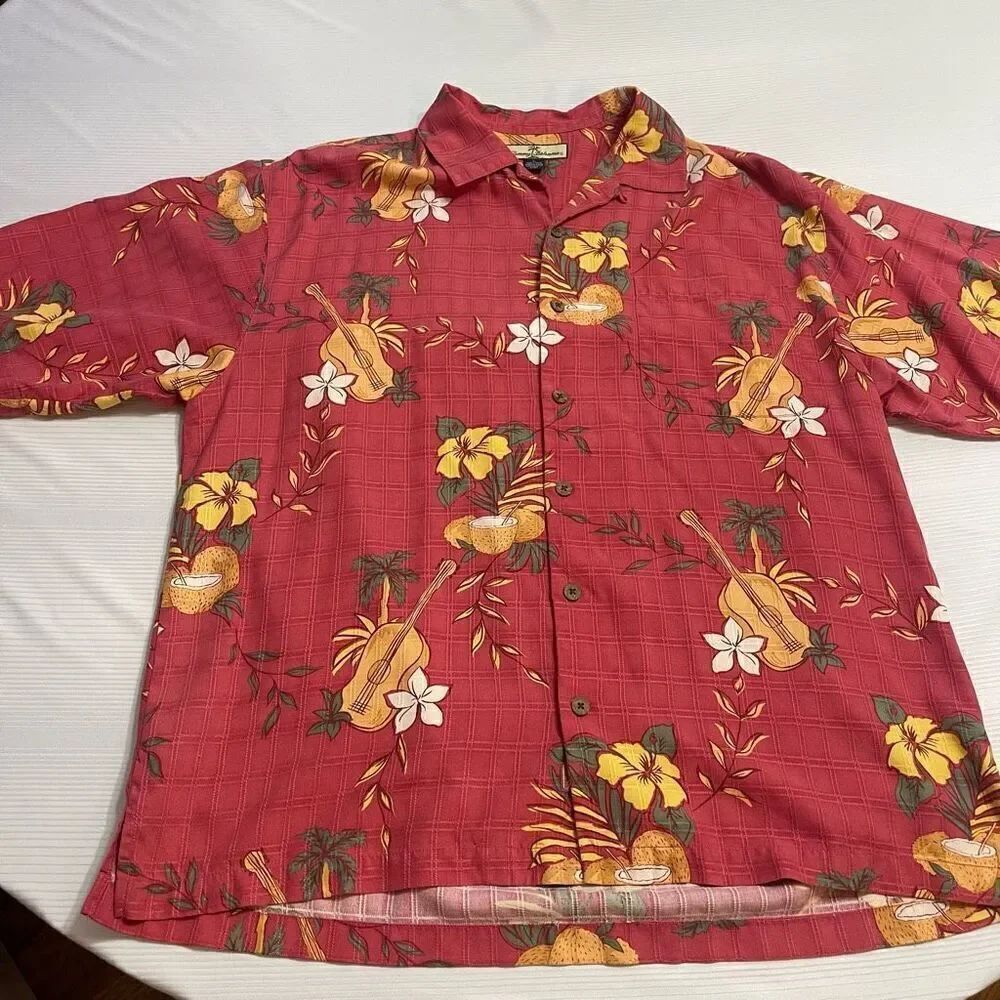 Tommy Bahama Hawaiian 100% Silk Shirt Coconuts Ukelele Palm Mens Large